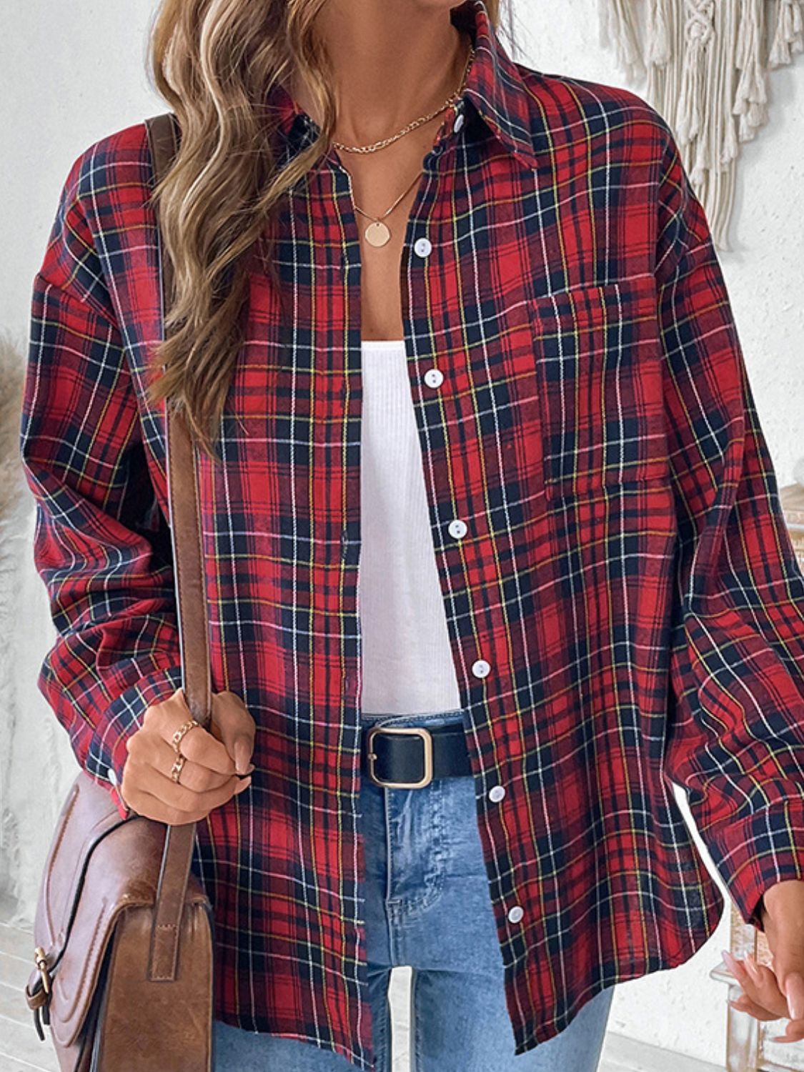 Perfee Plaid Button Up Long Sleeve Shirt-TOPS / DRESSES-[Adult]-[Female]-Deep Red-S-2022 Online Blue Zone Planet