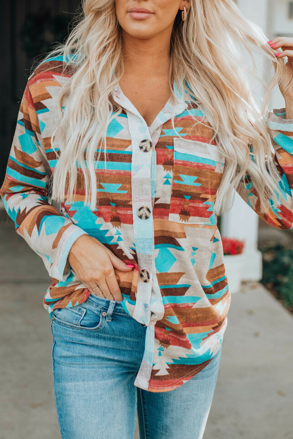 Multicolor Aztec Print Buttoned Pocket Chest Long Sleeve Shirt-Tops/Blouses & Shirts-[Adult]-[Female]-Multicolor-S-2022 Online Blue Zone Planet