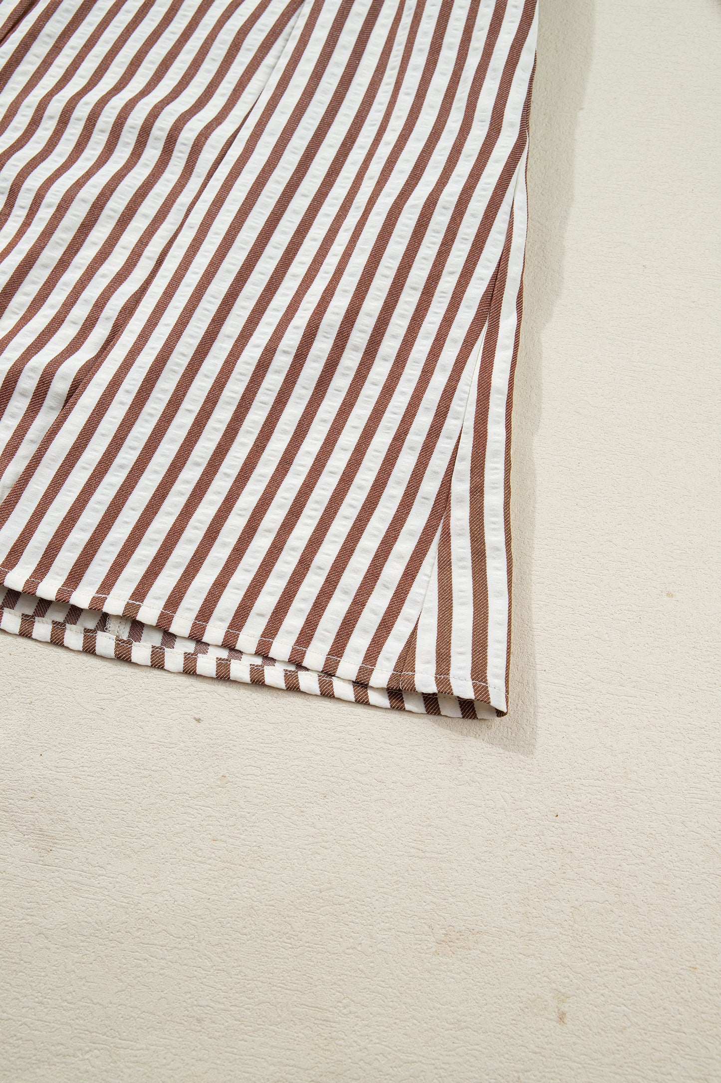 Brown Stripe Knot Waist Puff Sleeve Button Down Mini Shirt Dress-TOPS / DRESSES-[Adult]-[Female]-2022 Online Blue Zone Planet