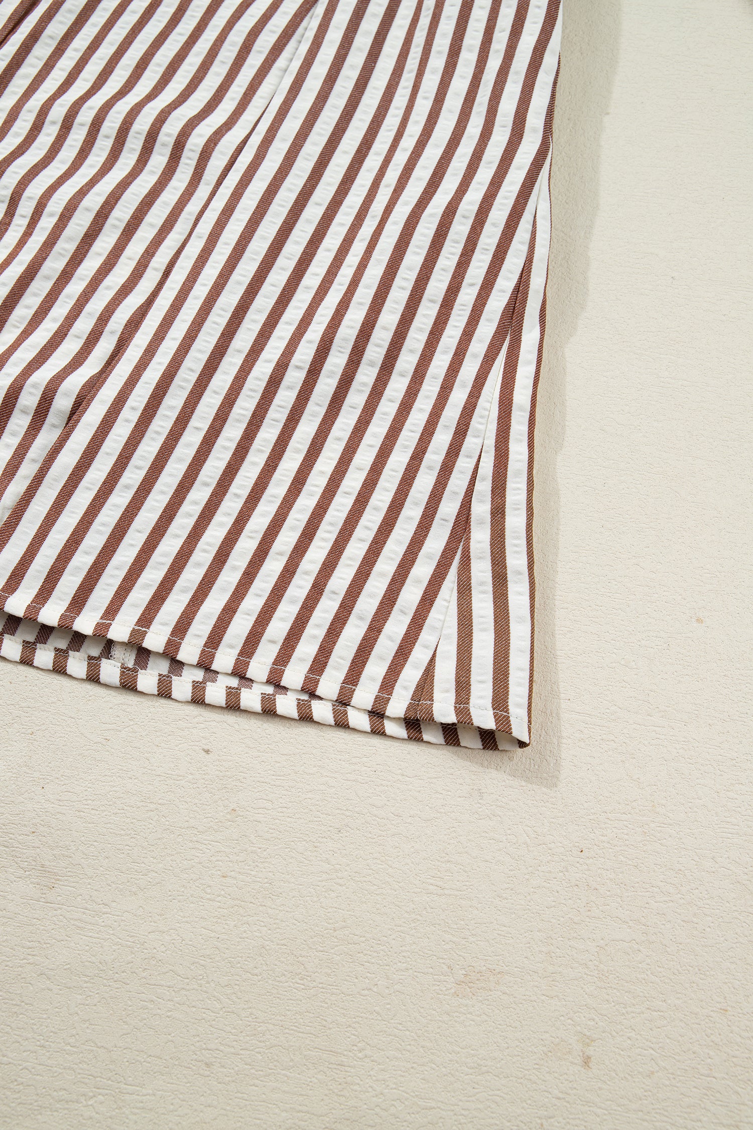 Brown Stripe Knot Waist Puff Sleeve Button Down Mini Shirt Dress-TOPS / DRESSES-[Adult]-[Female]-2022 Online Blue Zone Planet