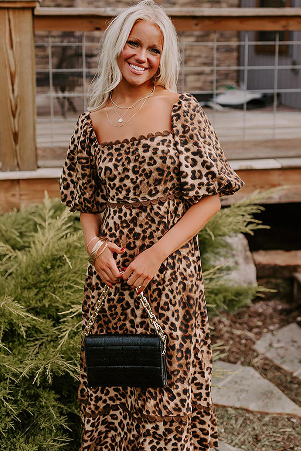Brown Leopard Print Puff Sleeve Ricrac Maxi Dress-Maxi Dresses-[Adult]-[Female]-2022 Online Blue Zone Planet