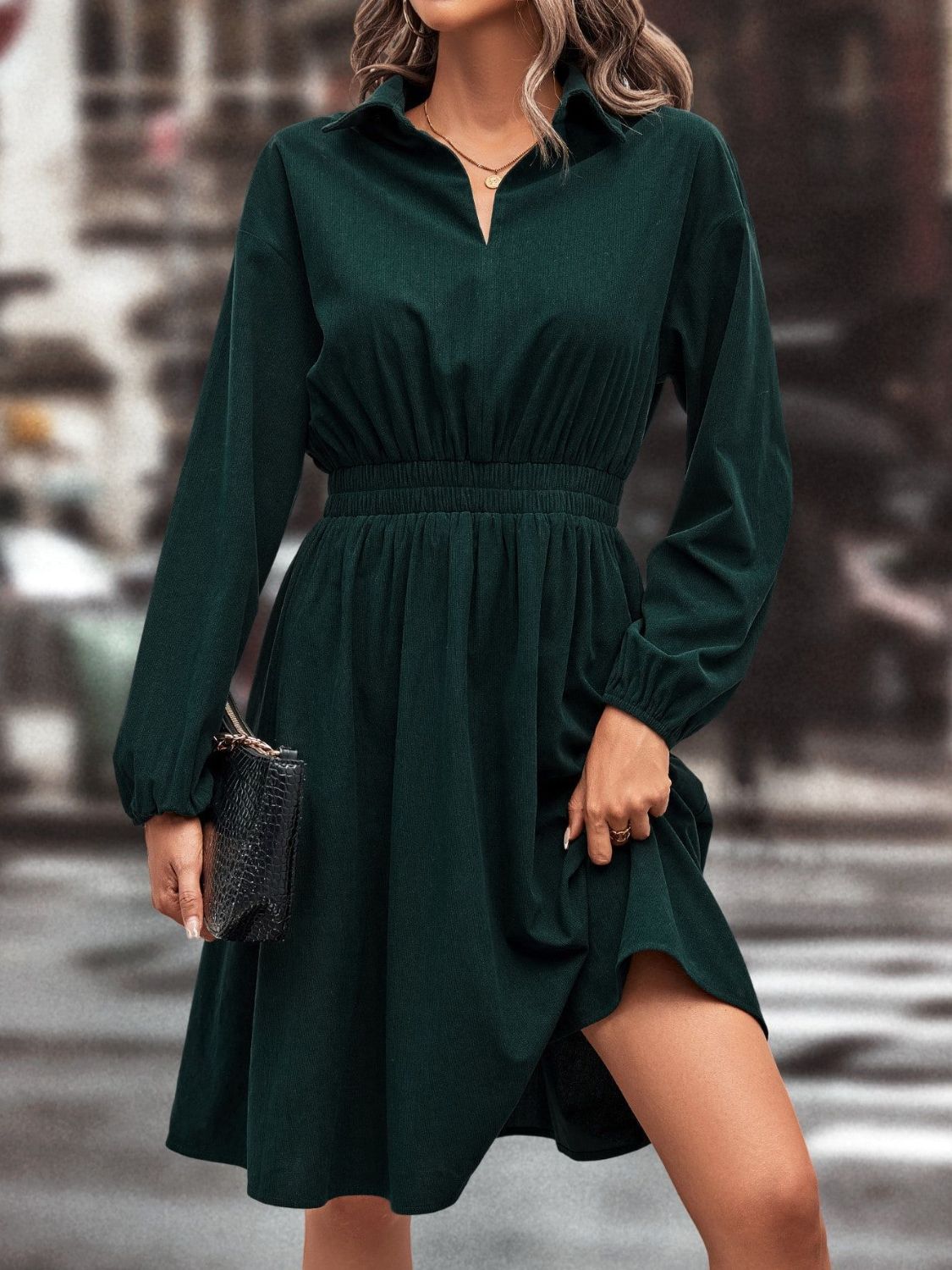 Smocked Johnny Collar Long Sleeve Dress-TOPS / DRESSES-[Adult]-[Female]-2022 Online Blue Zone Planet