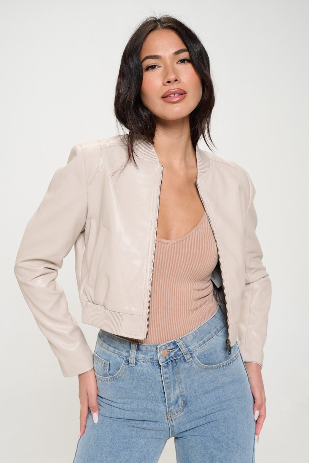 Coalition LA Zip Up Cropped Bomber Jacket-TOPS / DRESSES-[Adult]-[Female]-Cream-S-2022 Online Blue Zone Planet