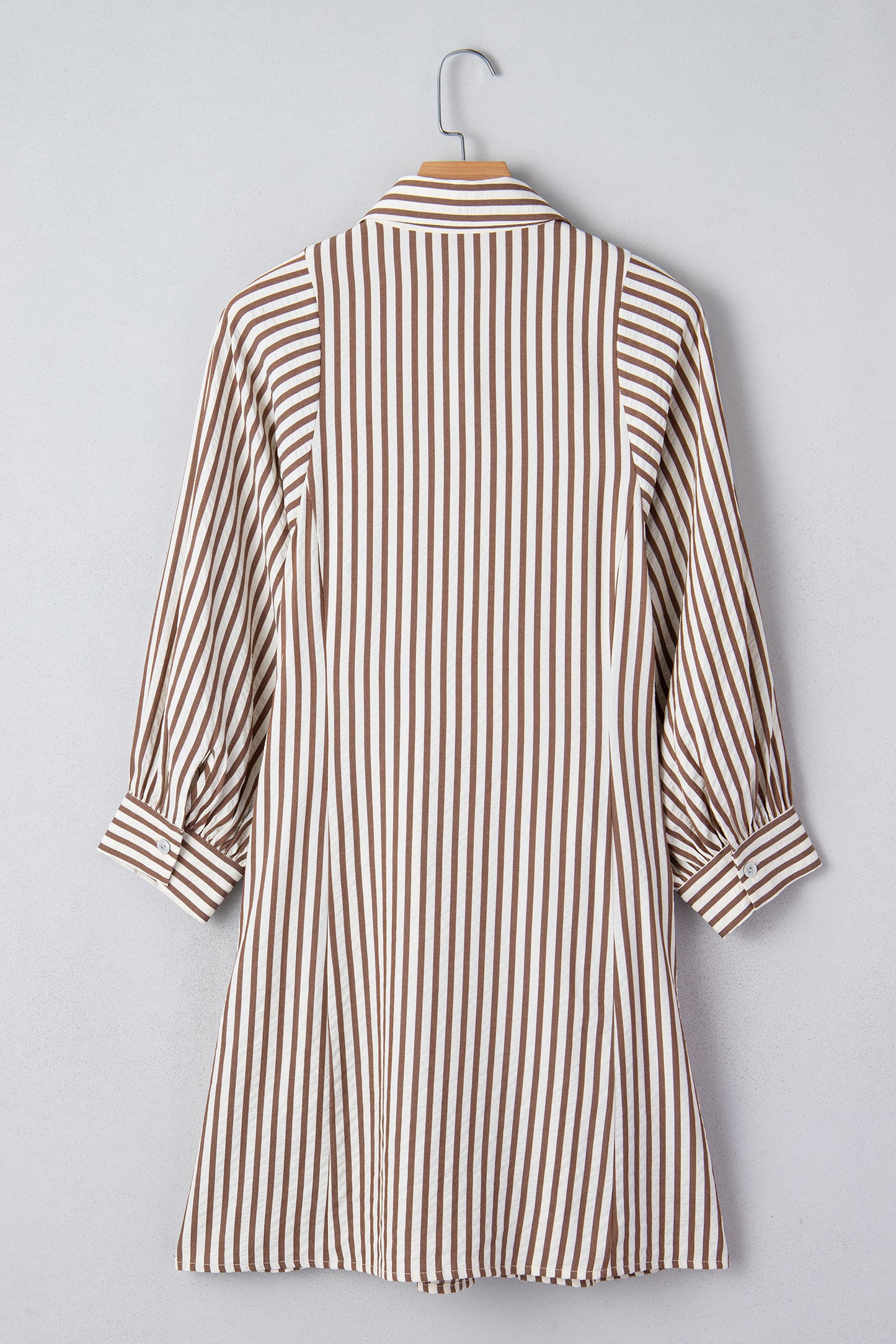 Brown Stripe Knot Waist Puff Sleeve Button Down Mini Shirt Dress-TOPS / DRESSES-[Adult]-[Female]-2022 Online Blue Zone Planet