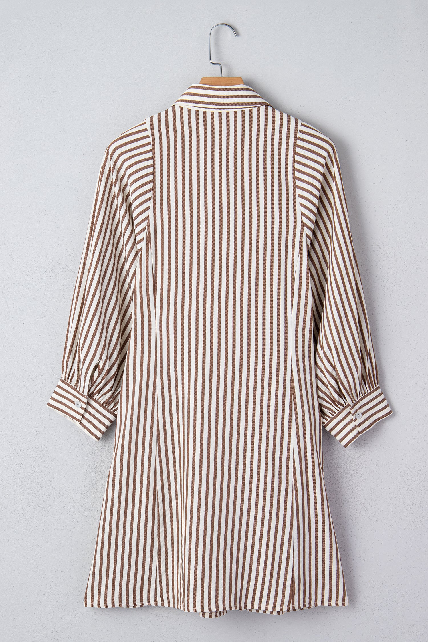 Brown Stripe Knot Waist Puff Sleeve Button Down Mini Shirt Dress-TOPS / DRESSES-[Adult]-[Female]-2022 Online Blue Zone Planet