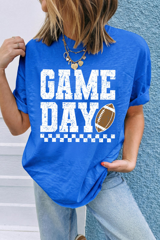 Dark Blue GAME DAY Checkered Print Rugby Graphic T Shirt-Graphic/Graphic Tees-[Adult]-[Female]-Dark Blue-S-2022 Online Blue Zone Planet