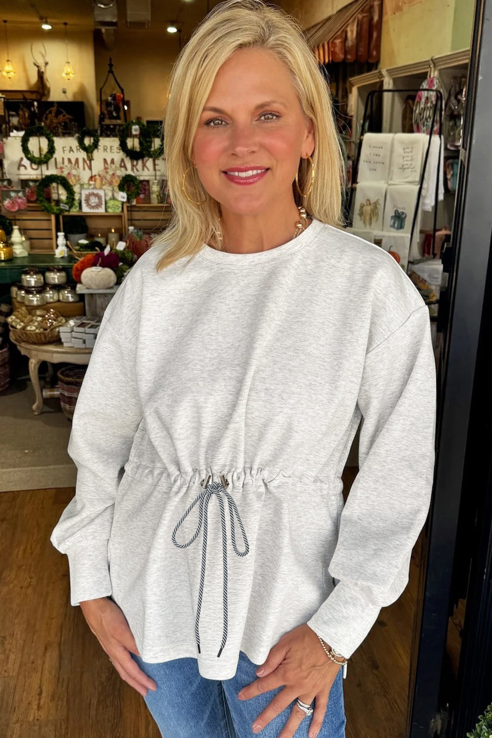 Light Grey Drawstring Waist Tunic Solid Sweatshirt-Tops/Sweatshirts & Hoodies-[Adult]-[Female]-2022 Online Blue Zone Planet