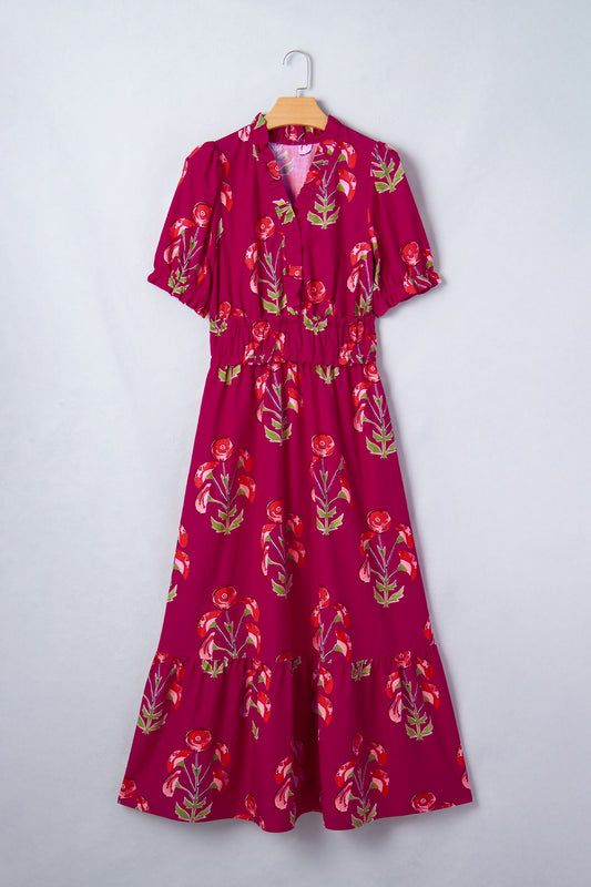 Red Floral Print Frilled V Neck Short Sleeve Ruffle Maxi Dress-Dresses/Maxi Dresses-[Adult]-[Female]-2022 Online Blue Zone Planet