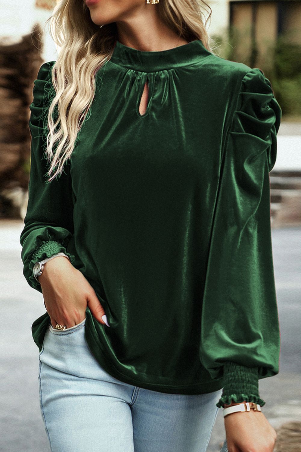 Mock Neck Puff Sleeve Velvet Blouse-TOPS / DRESSES-[Adult]-[Female]-Dark Green-S-2022 Online Blue Zone Planet