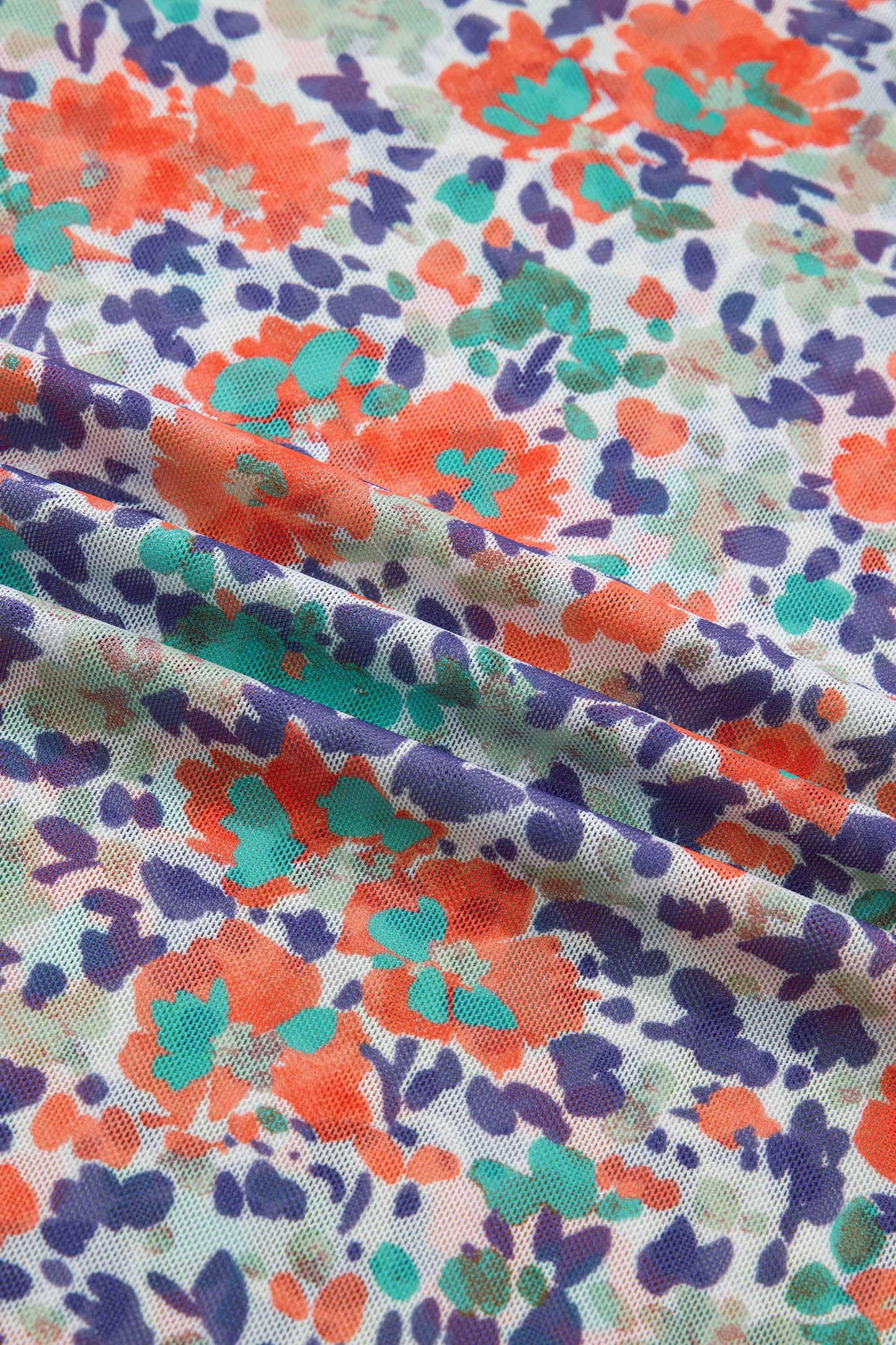 Blue Slim Fit Floral Mesh Long Sleeve Mock Neck Top