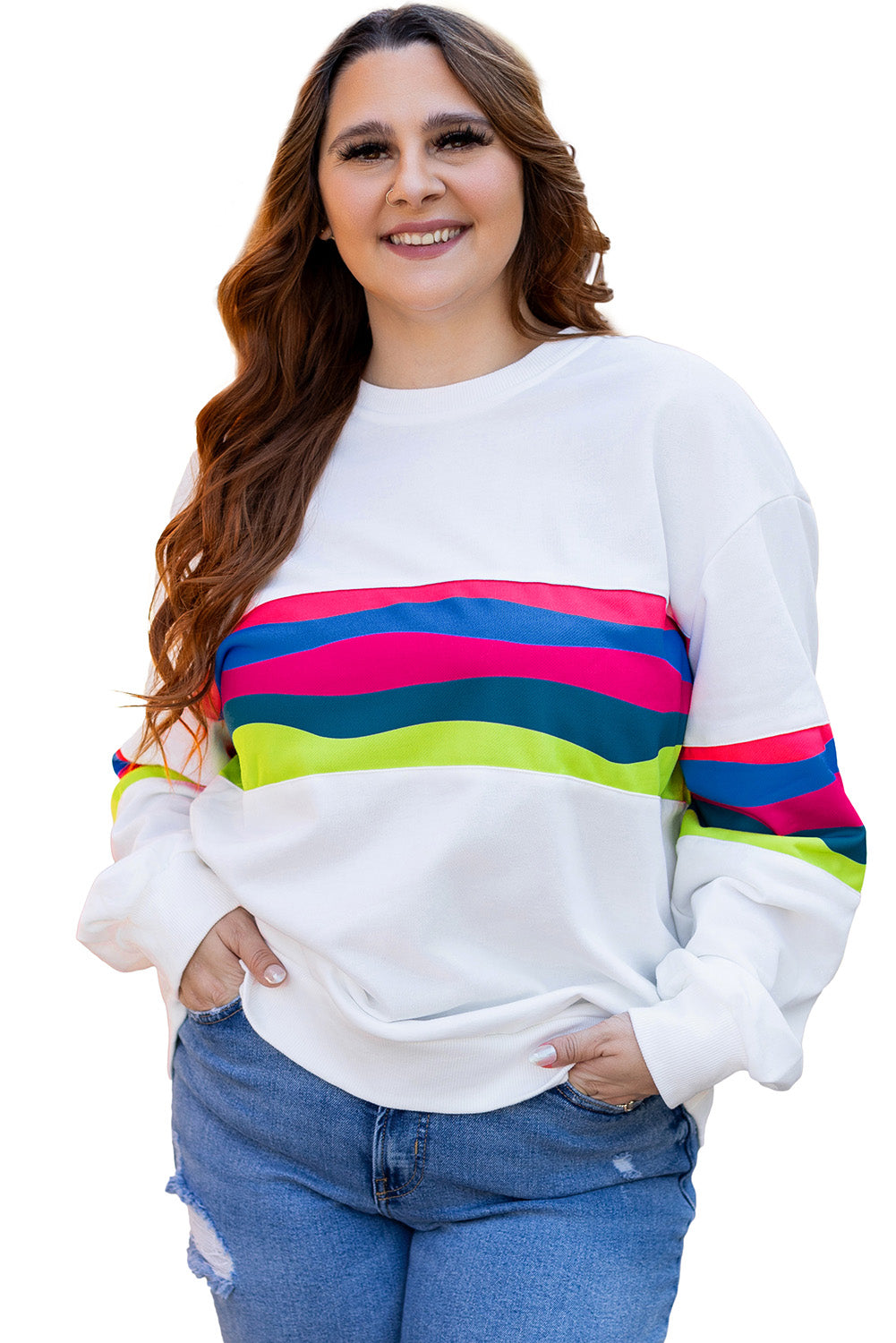 Blue Zone Planet | White Plus Size Colorful Striped Drop Shoulder Loose Sweatshirt-Plus Size/Plus Size Sweatshirts & Hoodies-[Adult]-[Female]-2022 Online Blue Zone Planet