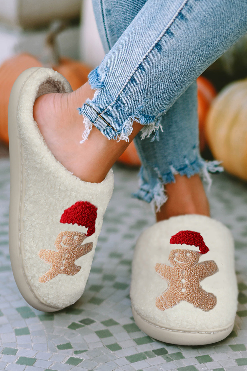 White Christmas Gingerbread Man Plush Home Slippers-Shoes & Bags/Slippers-[Adult]-[Female]-2022 Online Blue Zone Planet