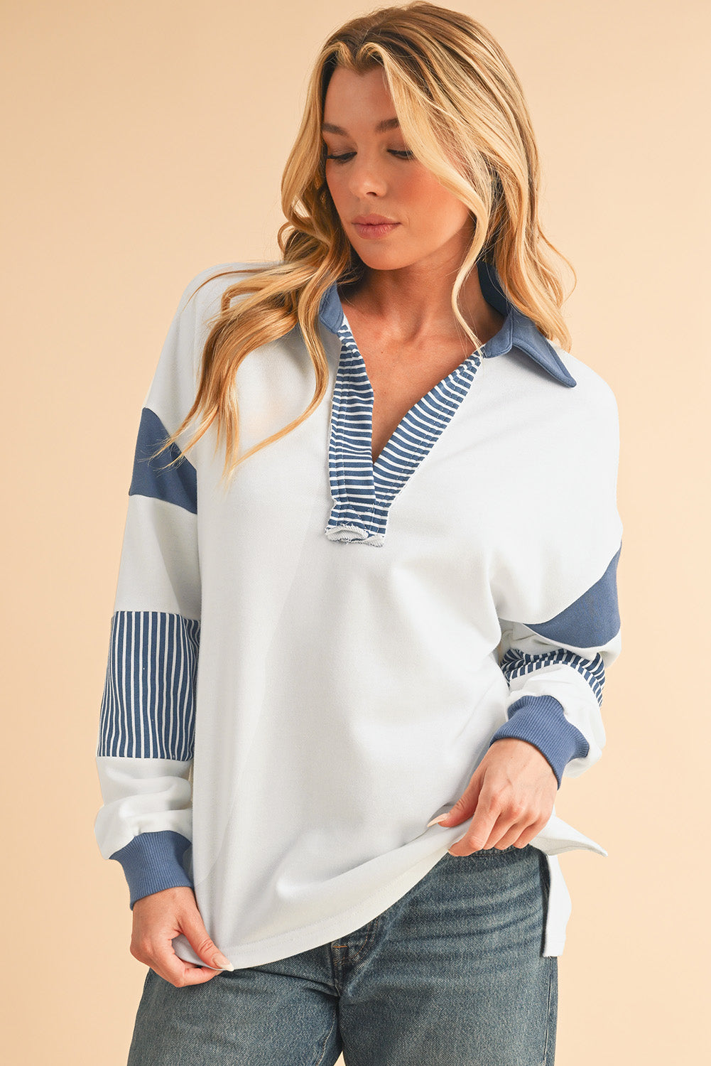 Sail Blue Striped Patchwork Collar Sweatshirt-Sweatshirts & Hoodies-[Adult]-[Female]-2022 Online Blue Zone Planet