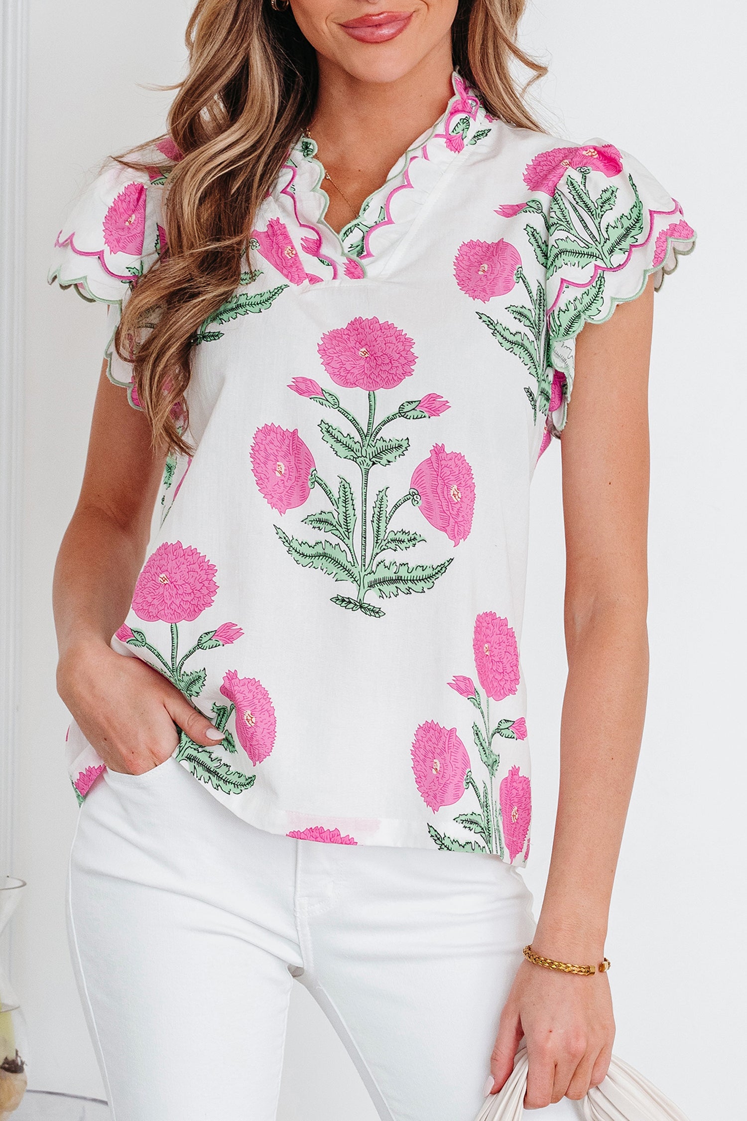 Pink Wild Flower Print Contrast Trim Scallop Detail Short Sleeve Blouse-Tops/Blouses & Shirts-[Adult]-[Female]-2022 Online Blue Zone Planet