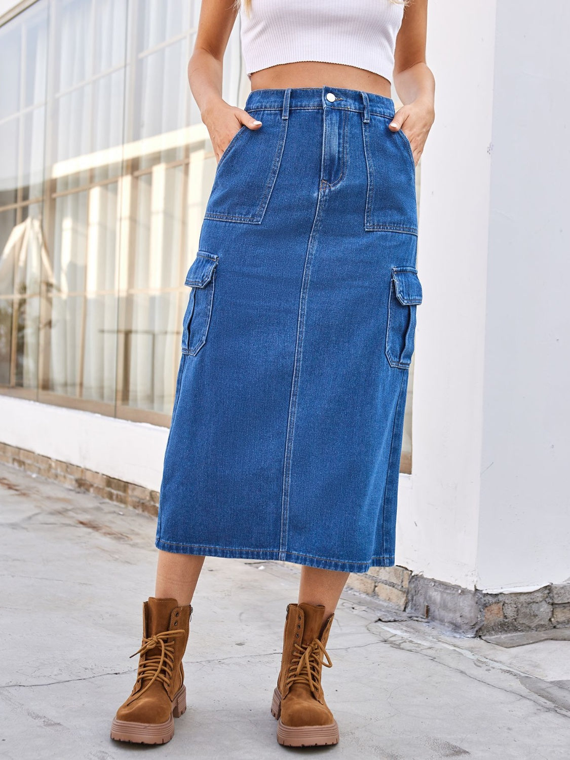 Slit Midi Denim Skirt with Pockets-[Adult]-[Female]-2022 Online Blue Zone Planet