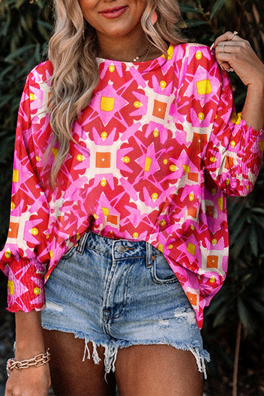 Blue Zone Planet | Strawberry Pink Geometric Print Shirred Cuff 3/4 Sleeve Loose Blouse-Tops/Blouses & Shirts-[Adult]-[Female]-Strawberry Pink-S-2022 Online Blue Zone Planet