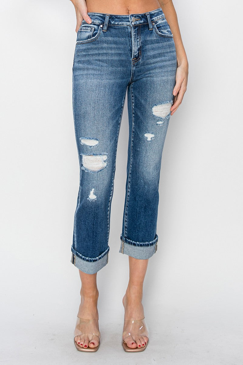 RISEN Full Size Cuffed Ankle Distressed Straight Jeans-BOTTOMS SIZES SMALL MEDIUM LARGE-[Adult]-[Female]-2022 Online Blue Zone Planet