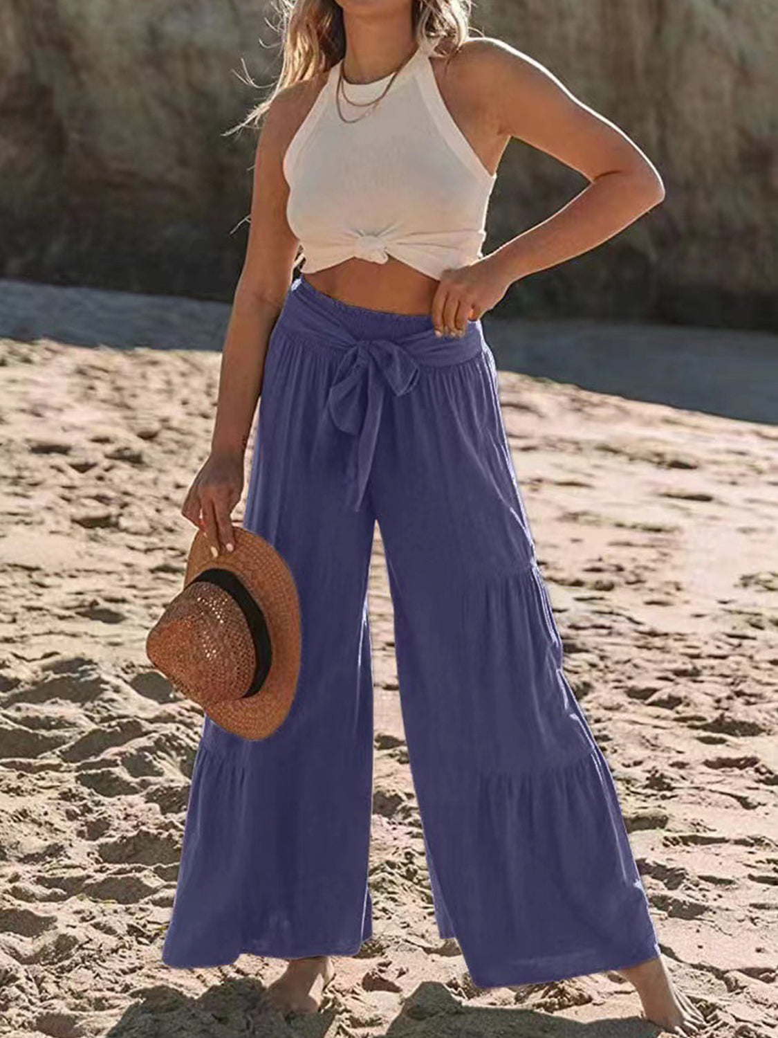 Tied Ruched Wide Leg Pants-BOTTOMS SIZES SMALL MEDIUM LARGE-[Adult]-[Female]-2022 Online Blue Zone Planet