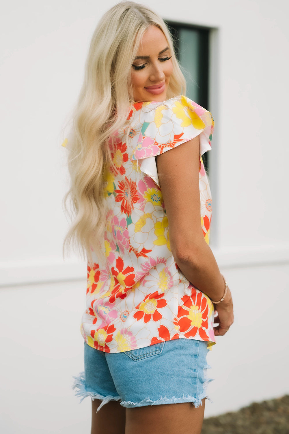 Multicolor Stand Collar Flutter Sleeves Floral Top-Sale (50% OFF)/30% OFF-[Adult]-[Female]-2022 Online Blue Zone Planet