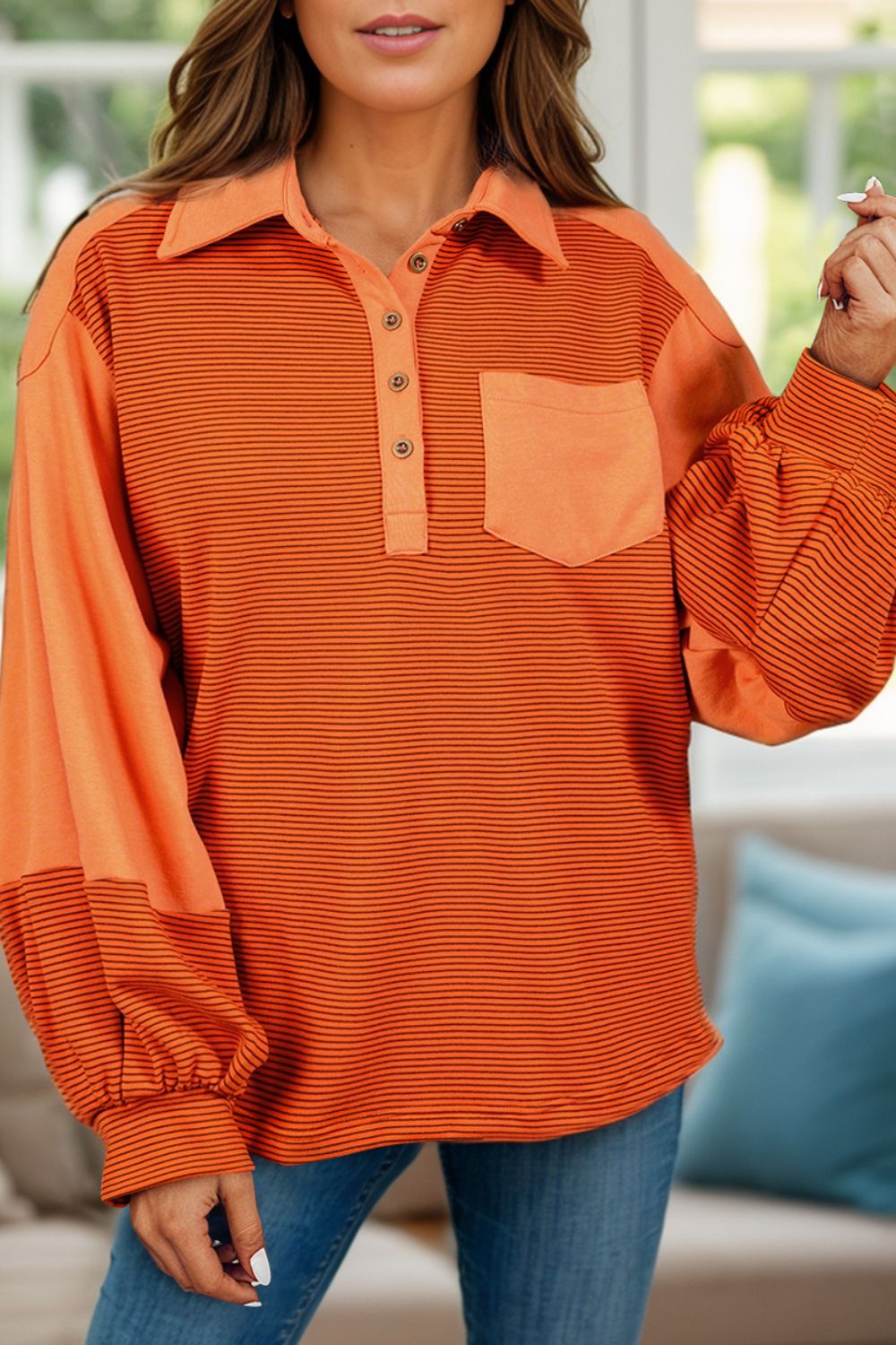 Striped Half Button Long Sleeve Sweatshirt-TOPS / DRESSES-[Adult]-[Female]-Orange-S-2022 Online Blue Zone Planet