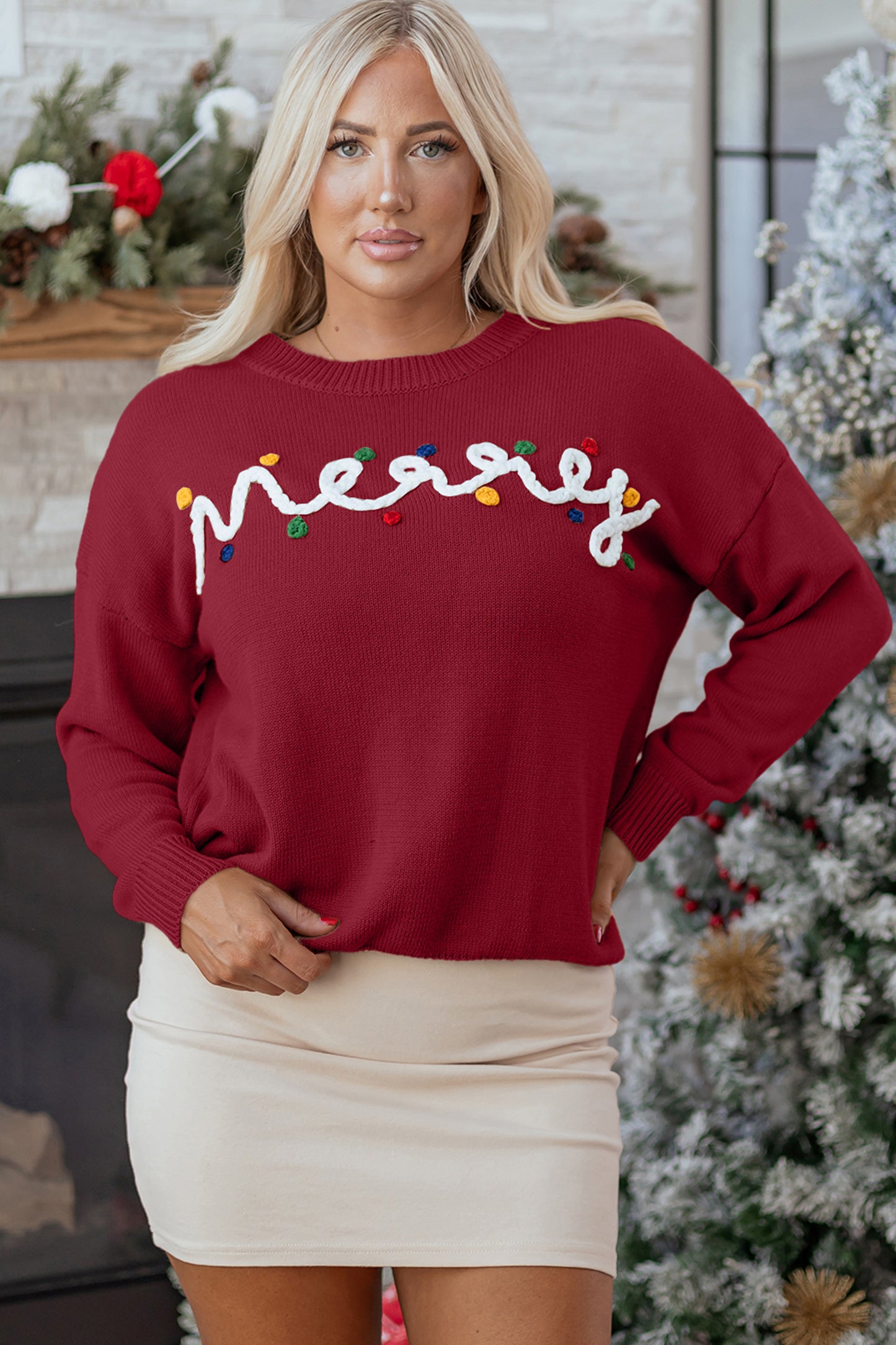 Racing Red Merry Colorful Dot Detail Christmas Drop Shoulder Sweater-TOPS / DRESSES-[Adult]-[Female]-2022 Online Blue Zone Planet