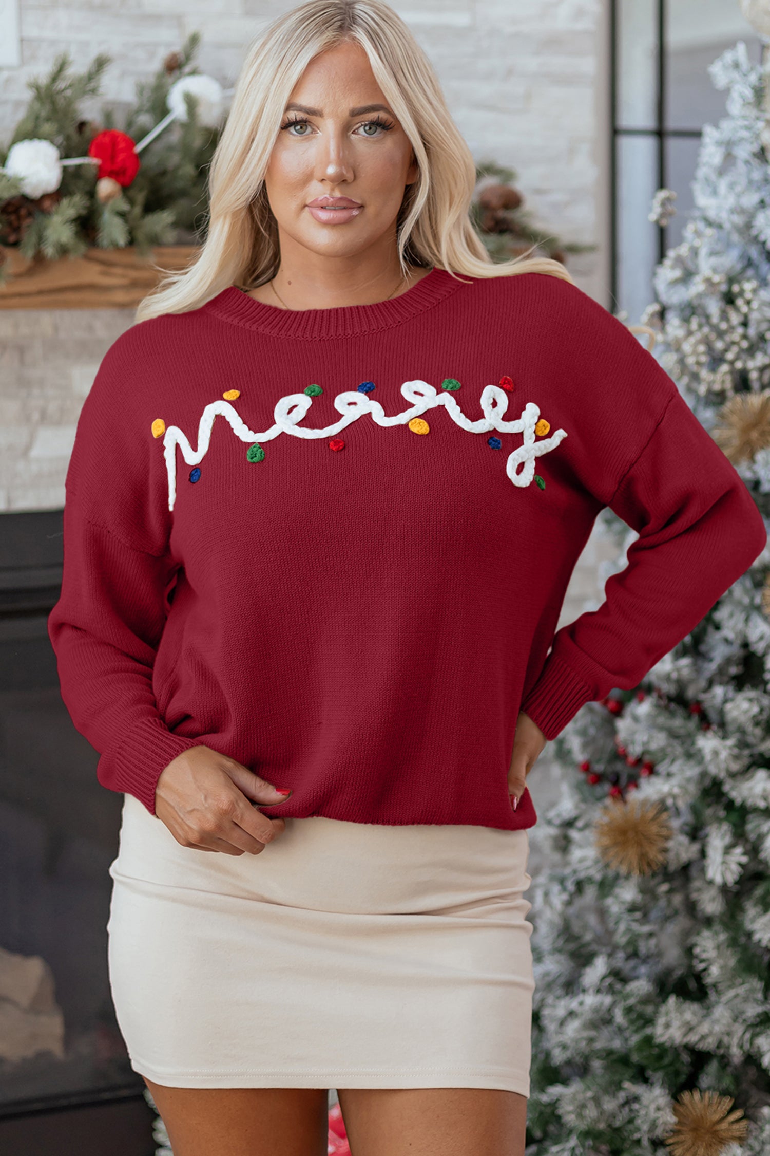 Racing Red Merry Colorful Dot Detail Christmas Drop Shoulder Sweater-TOPS / DRESSES-[Adult]-[Female]-2022 Online Blue Zone Planet
