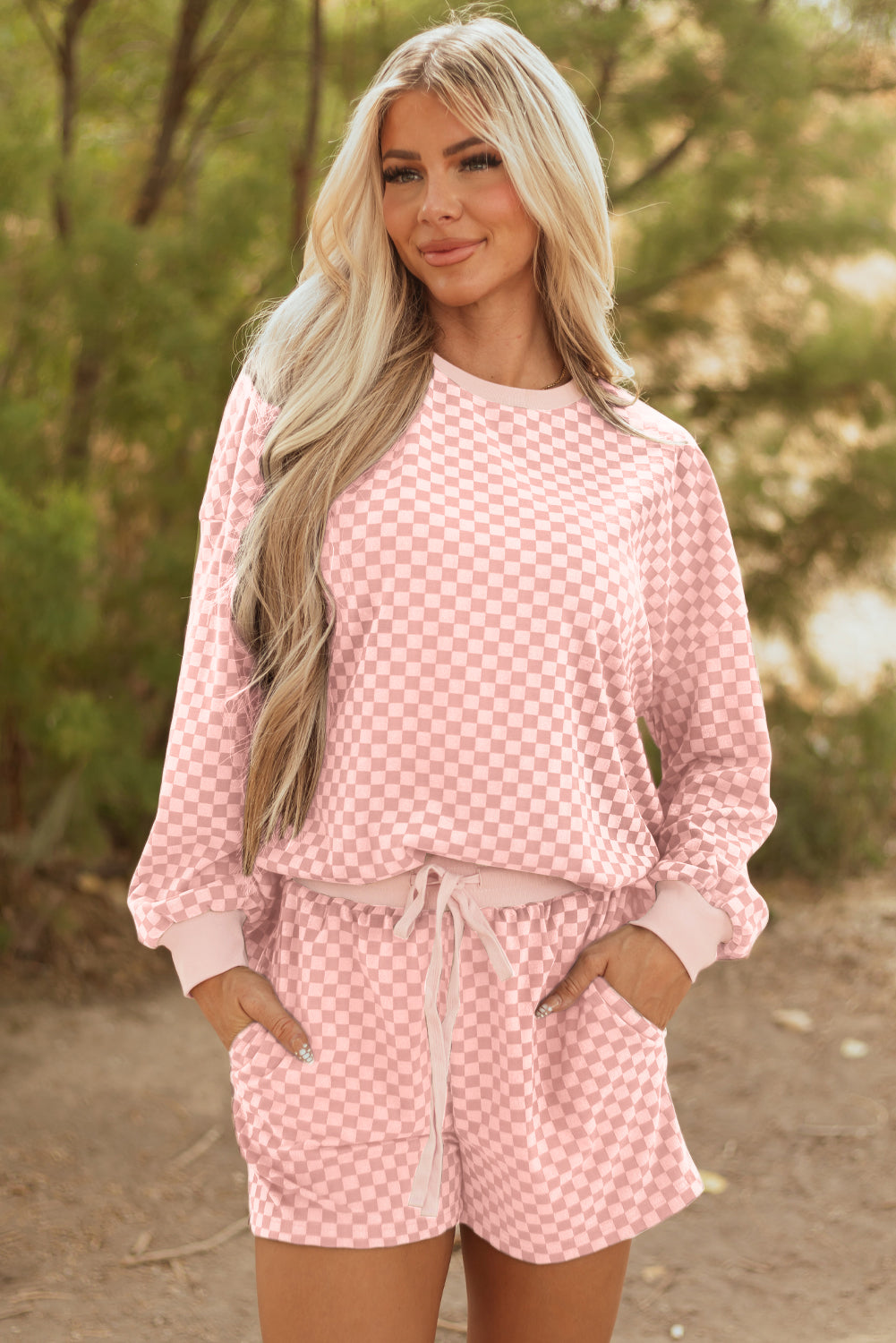 Pink Checkerboard Long Sleeve Pullover and Shorts Set-Two Piece Sets/Short Sets-[Adult]-[Female]-Pink-S-2022 Online Blue Zone Planet