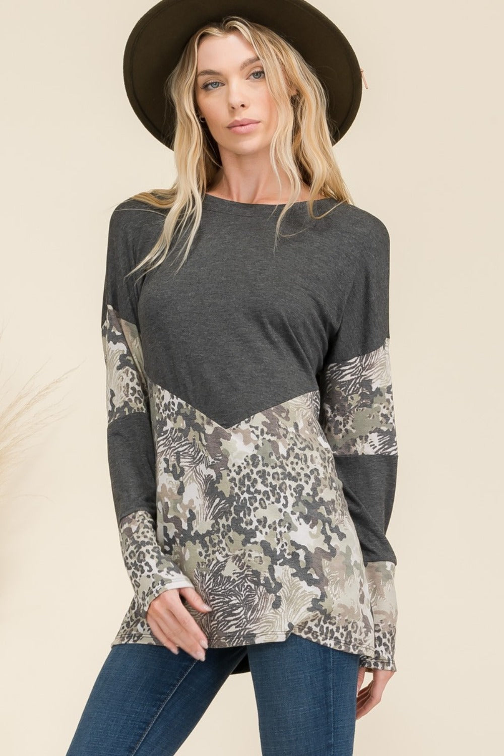 Celeste Full Size Mixed Animal Print Contrast Long Sleeve T-Shirt-TOPS / DRESSES-[Adult]-[Female]-Charcoal-S-2022 Online Blue Zone Planet