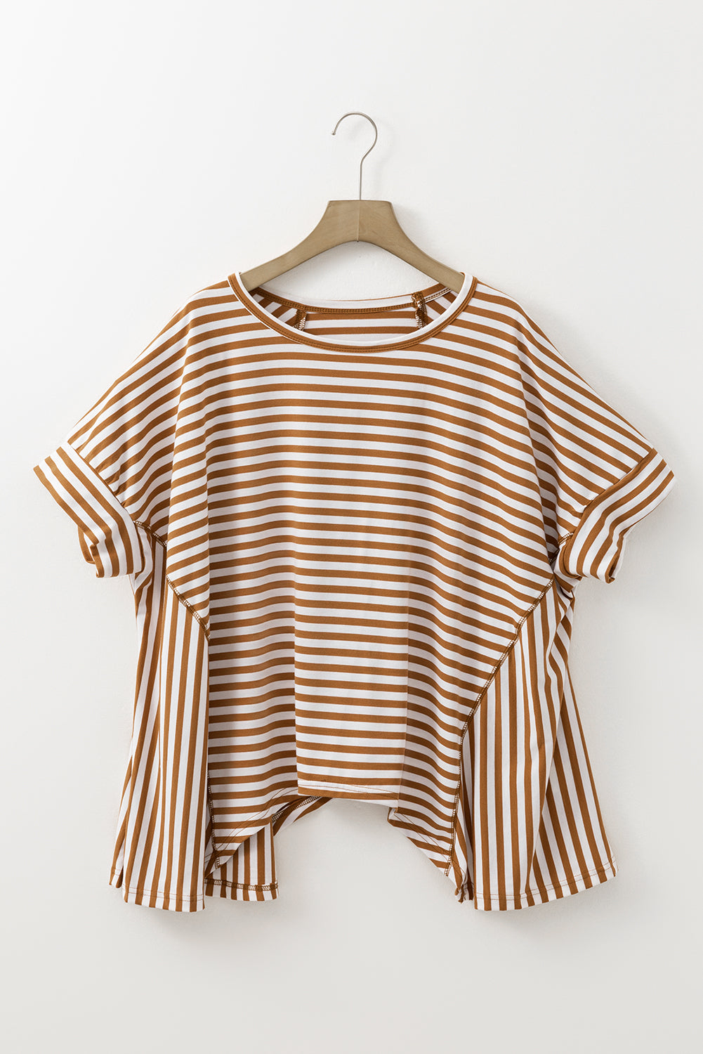 Khaki Striped Batwing Sleeve Oversized Top-Oversized T Shirt-[Adult]-[Female]-2022 Online Blue Zone Planet