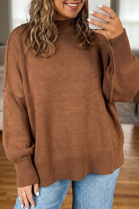 Chestnut Oversized Ribbed Knit Long Sleeve Tunic Plus Size Sweater-Plus Size/Plus Size Sweaters & Cardigans-[Adult]-[Female]-Chestnut-1X-2022 Online Blue Zone Planet
