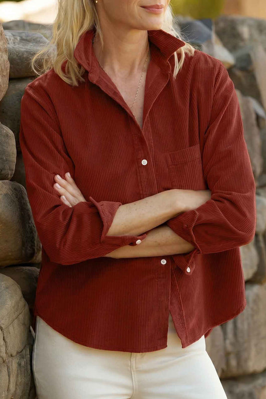 Clay Adjustable Cuff Long Sleeve Corduroy Shirt-Tops/Blouses & Shirts-[Adult]-[Female]-Clay-S-2022 Online Blue Zone Planet