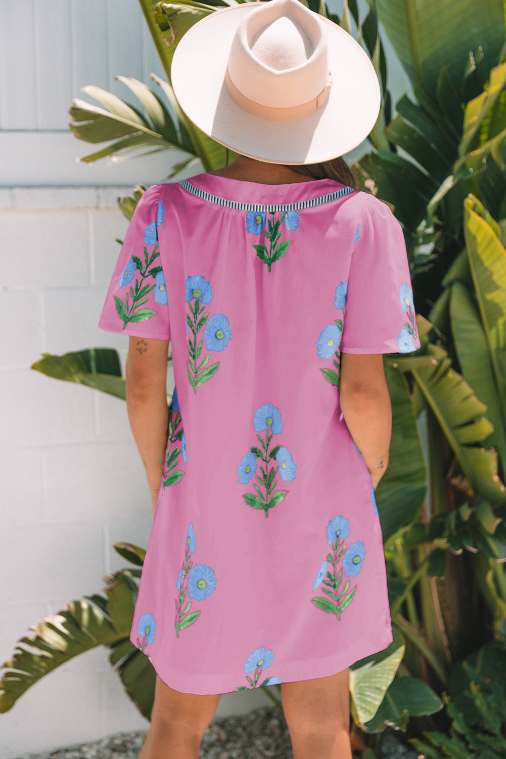 Rose Floral Short Sleeve Split Neck Loose Mini Dress-TOPS / DRESSES-[Adult]-[Female]-2022 Online Blue Zone Planet