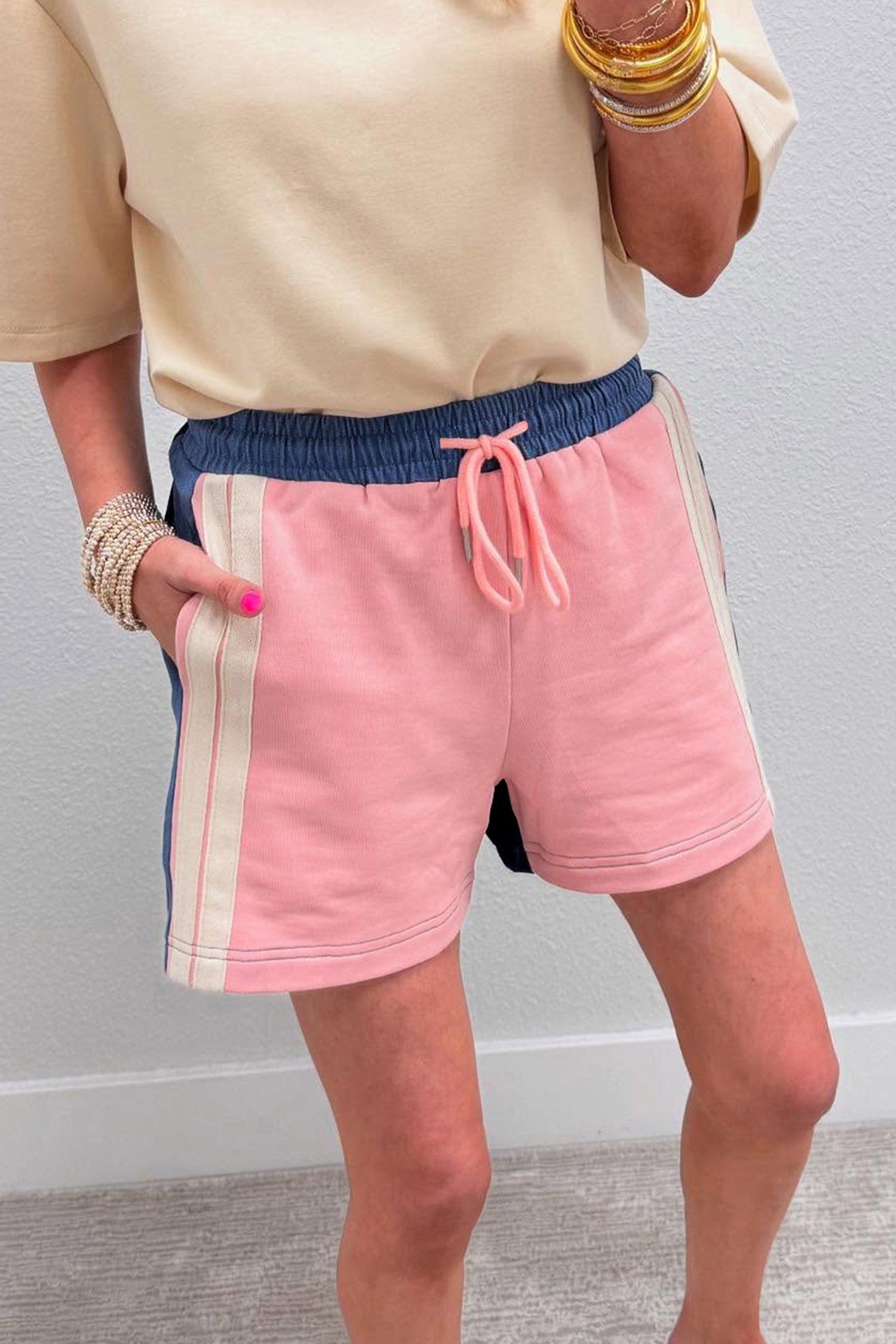 Pink Color Block Patchwork Varsity Striped Detail Drawstring Elastic Waist Shorts-Bottoms/Casual Shorts-[Adult]-[Female]-Pink-S-2022 Online Blue Zone Planet