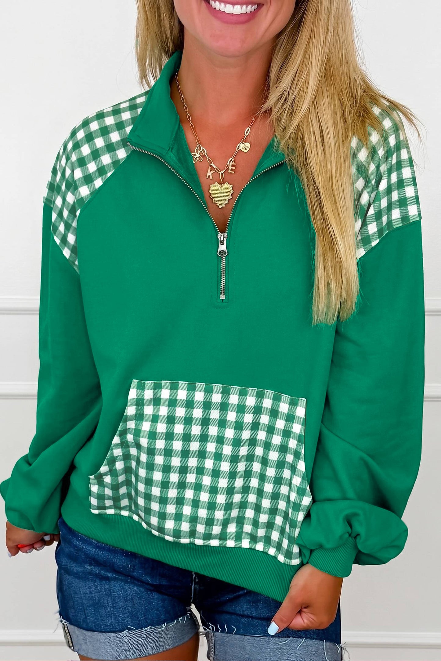 Navy Blue Patchwork Plaid Pocket Quarter Zip Sweatshirt-Tops/Sweatshirts & Hoodies-[Adult]-[Female]-Dark Green-S-2022 Online Blue Zone Planet