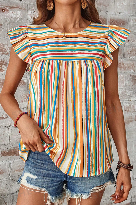 Multicolour Vibrant Stripes Printed Flutter Sleeve Babydoll Blouse-Tops/Blouses & Shirts-[Adult]-[Female]-Multicolour-S-2022 Online Blue Zone Planet