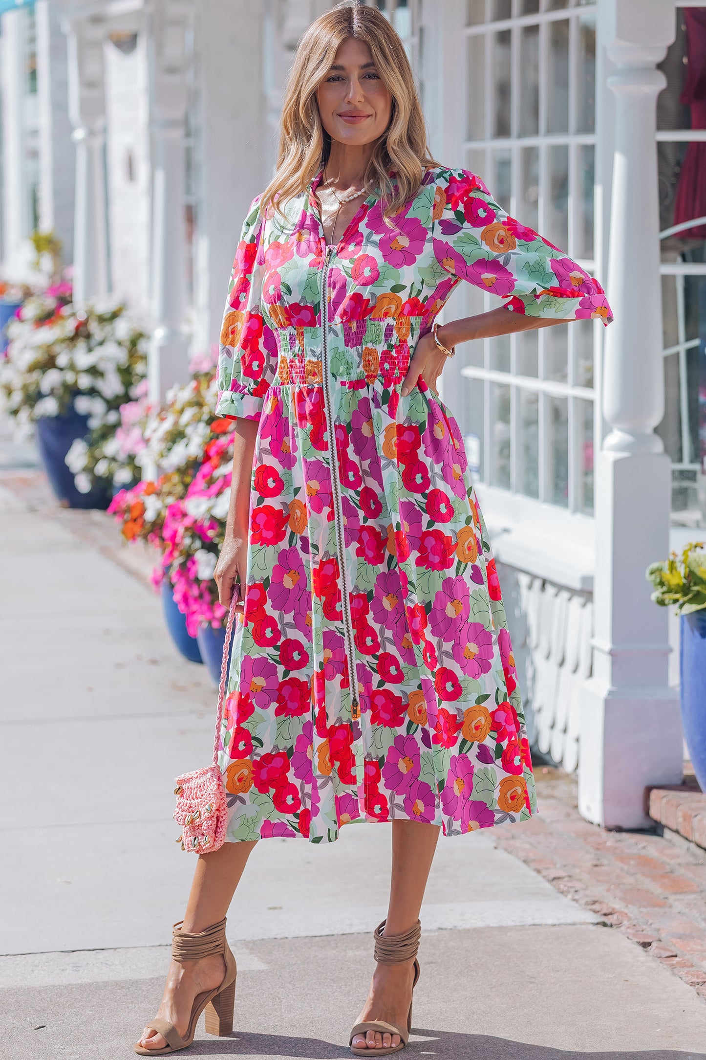 Rose Vibrant Floral Print V Neck Zip Up Puffy Half Sleeve Dress-Dresses/Floral Dresses-[Adult]-[Female]-2022 Online Blue Zone Planet