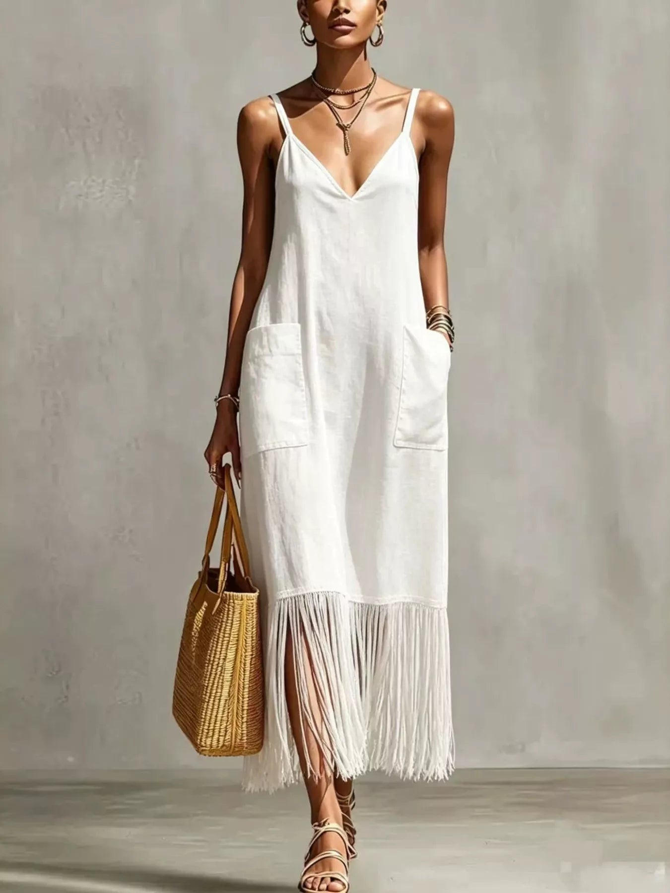 plus size white fringe dress Full Spaghetti Strap V-Neck Size / L Whether it’s a festival Vintage 1970s Italian Hand-Painted 
