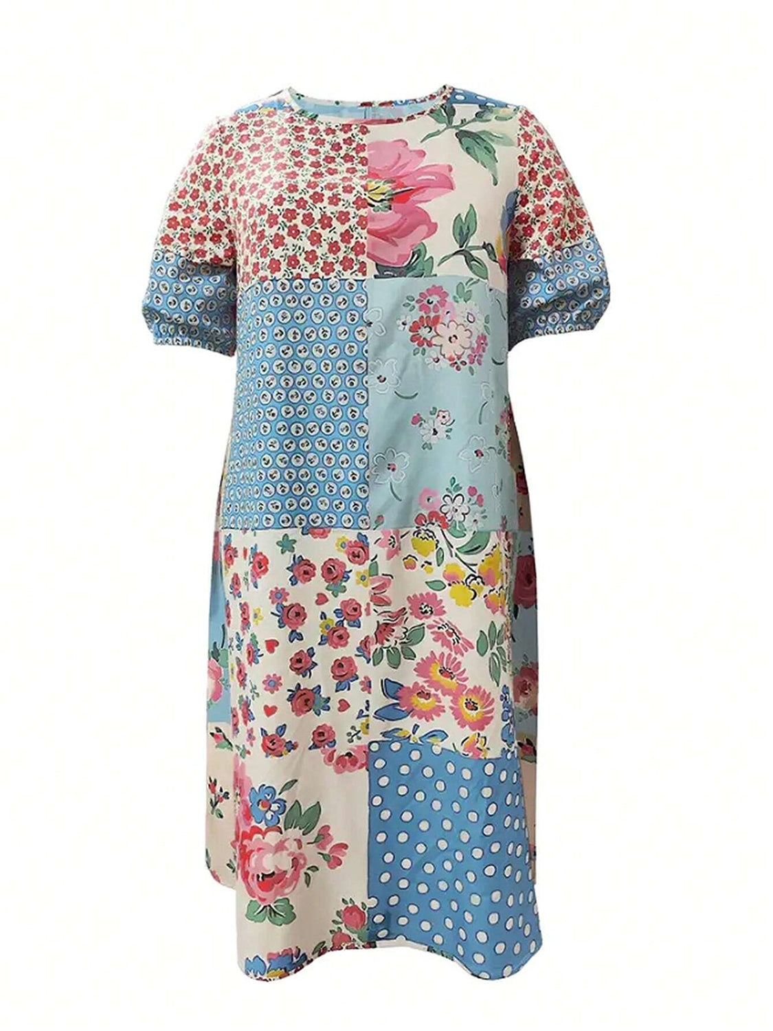 Patchwork Printed Round Neck Midi Dress-TOPS / DRESSES-[Adult]-[Female]-2022 Online Blue Zone Planet