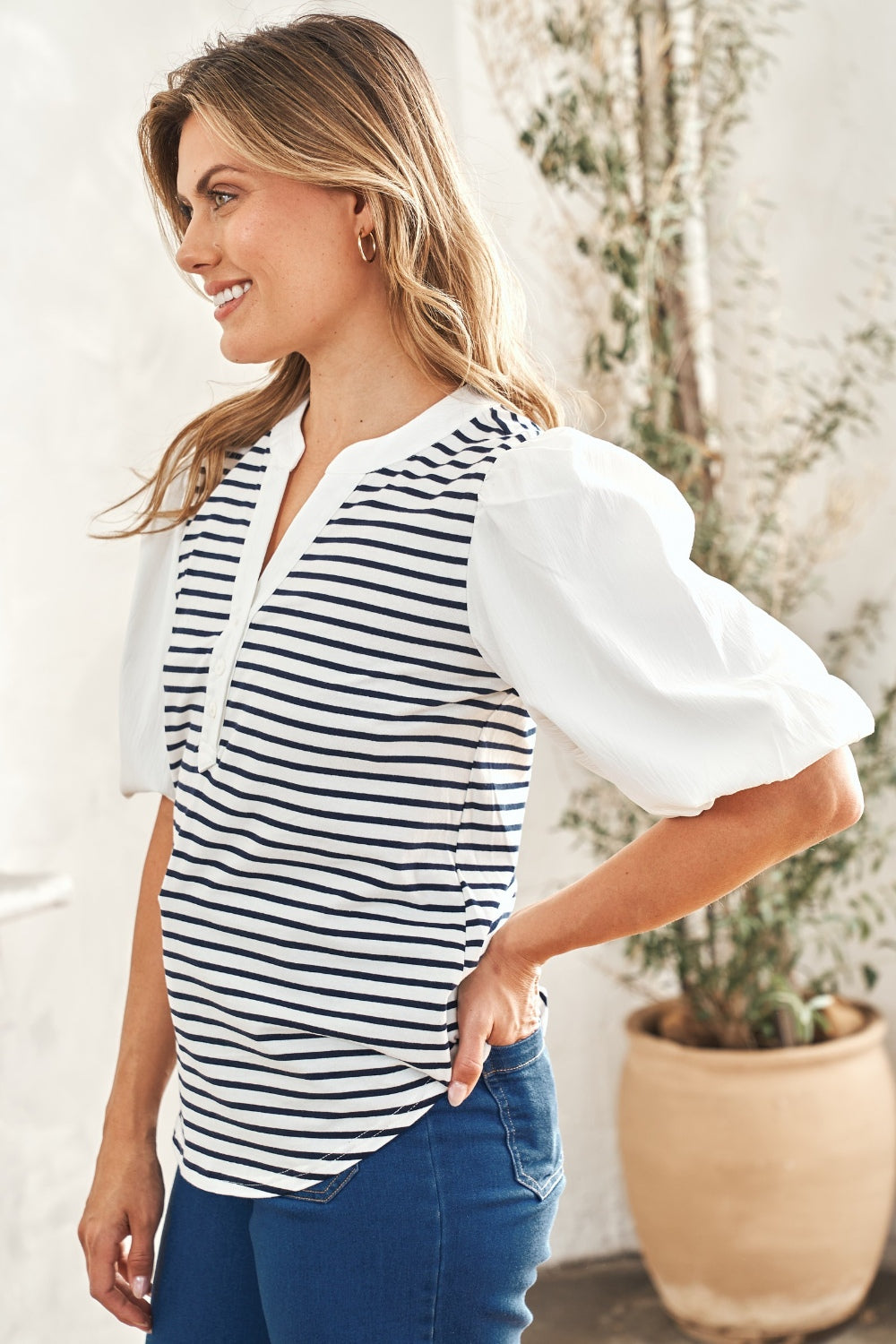 Hailey & Co Striped Contrast Puff Sleeve Top-TOPS / DRESSES-[Adult]-[Female]-2022 Online Blue Zone Planet