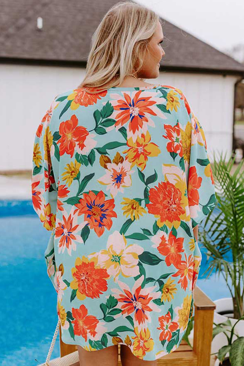 Sky Blue Plus Size Floral Print V Neck Batwing Sleeve Blouse-Plus Size/Plus Size Tops/Plus Size Blouses & Shirts-[Adult]-[Female]-2022 Online Blue Zone Planet