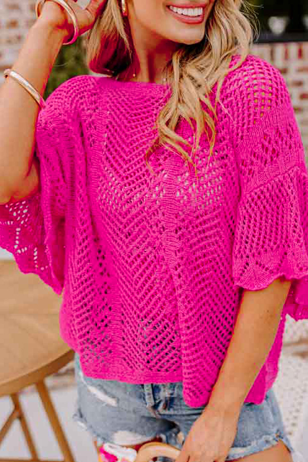 Rose Red Pointelle Knit Scallop Edge Short Sleeve Top-Sweaters & Cardigans/Short Sleeve Sweaters-[Adult]-[Female]-Rose Red-S-2022 Online Blue Zone Planet