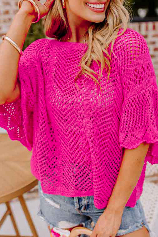 Rose Red Pointelle Knit Scallop Edge Short Sleeve Top-Sweaters & Cardigans/Short Sleeve Sweaters-[Adult]-[Female]-Rose Red-S-2022 Online Blue Zone Planet