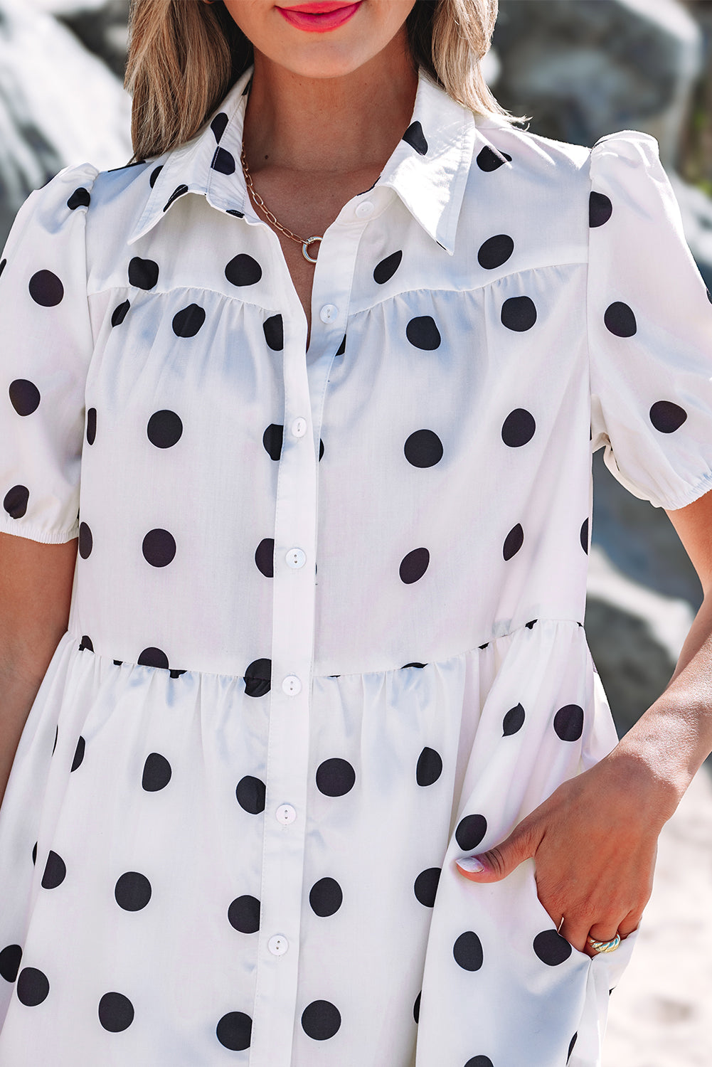White Polka Dot Print Short Sleeve Collar Buttoned Tiered Babydoll Dress-TOPS / DRESSES-[Adult]-[Female]-2022 Online Blue Zone Planet