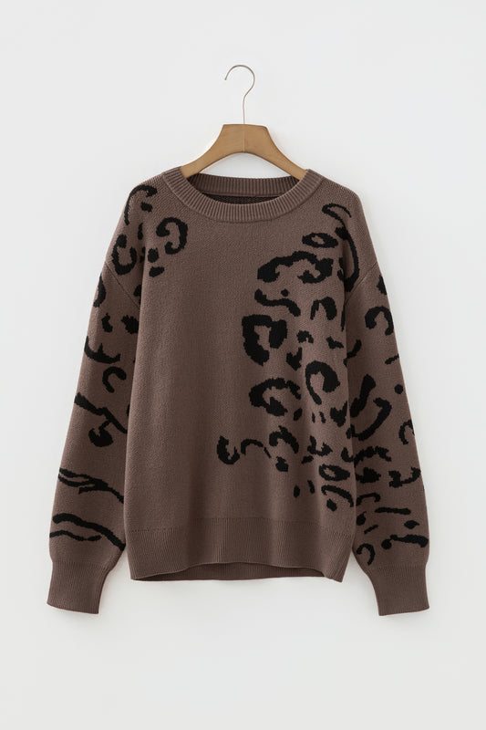 Camel Asymmetric Leopard Print Detail Drop Shoulder Sweater-TOPS / DRESSES-[Adult]-[Female]-2022 Online Blue Zone Planet