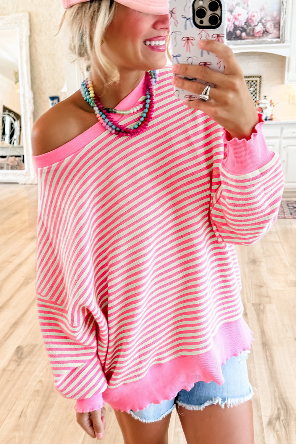 Blue Zone Planet | Pink Stripe Loose Drop Shoulder Long Sleeve Top-Tops/Long Sleeve Tops-[Adult]-[Female]-2022 Online Blue Zone Planet