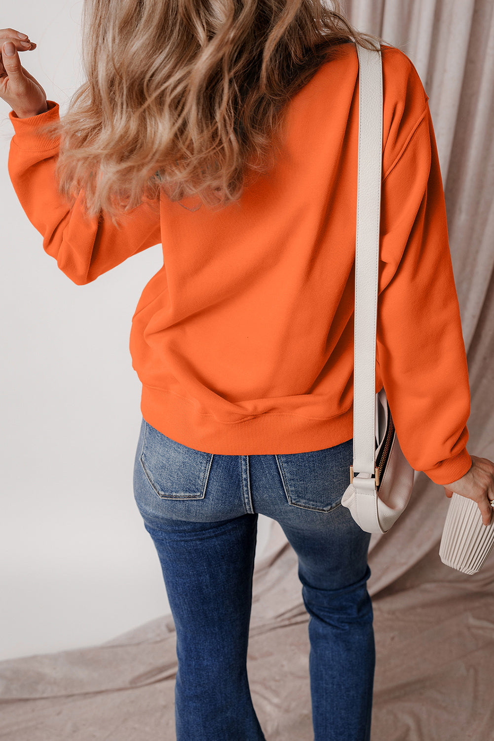 Russet Orange Solid Fleece Lined Drop Shoulder Terry Sweatshirt-Tops/Sweatshirts & Hoodies-[Adult]-[Female]-2022 Online Blue Zone Planet