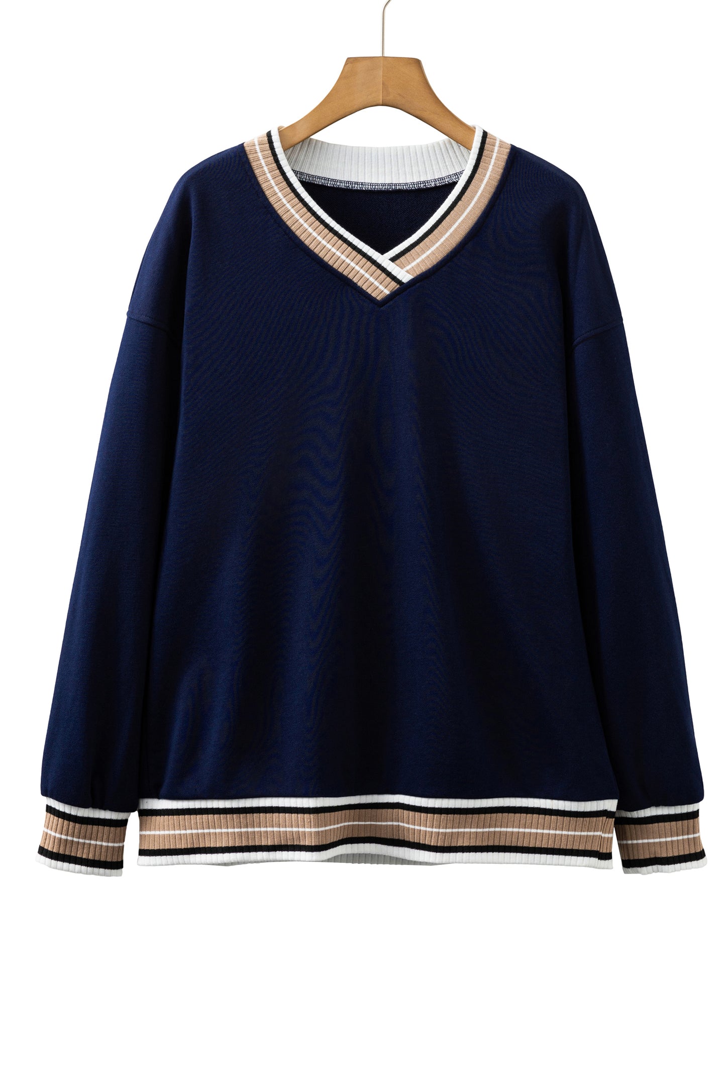 Navy Blue Varsity Contrast Striped Trim V Neck Sweatshirt-Tops/Sweatshirts & Hoodies-[Adult]-[Female]-2022 Online Blue Zone Planet