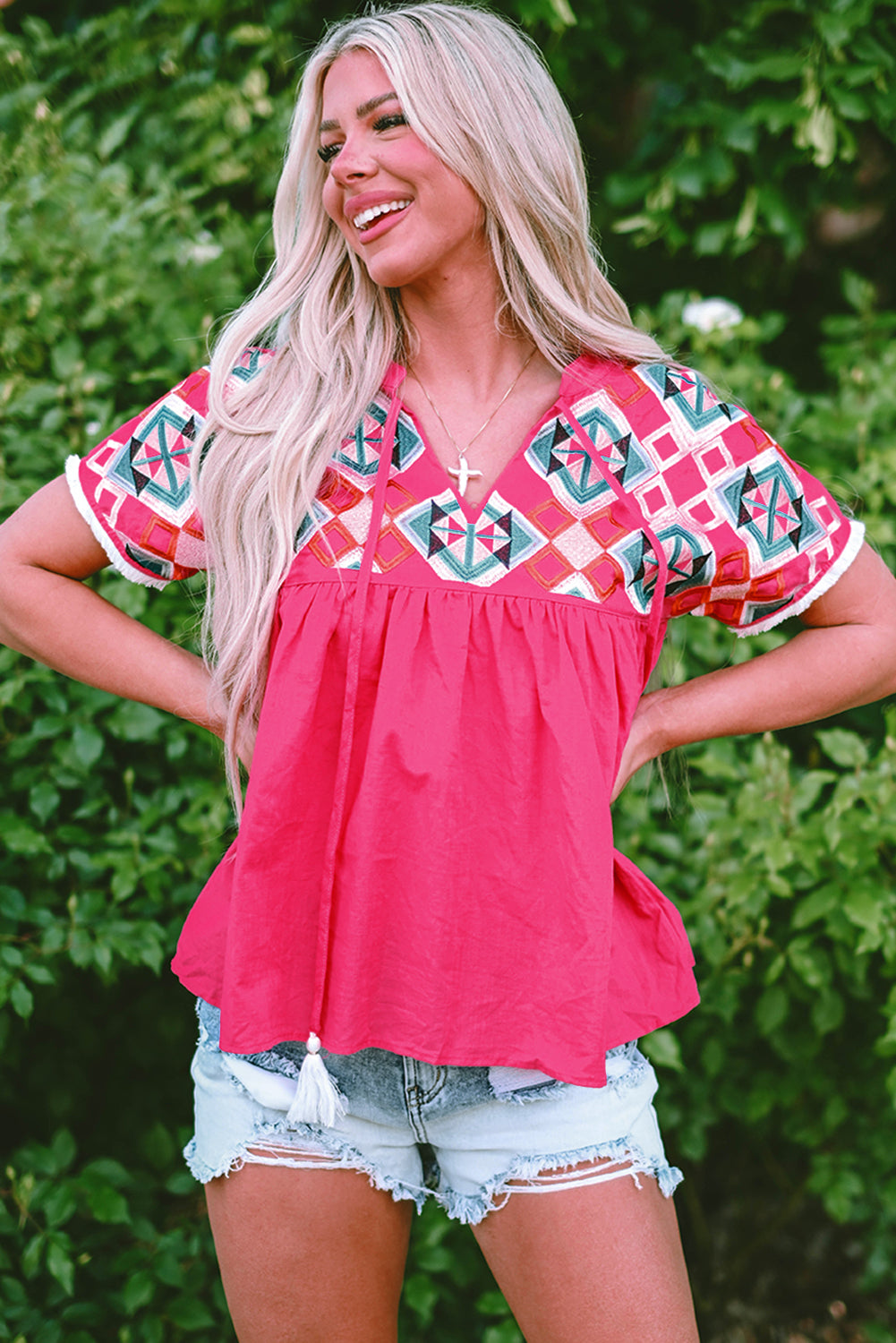 Strawberry Pink Geometric Embroidered Tassel Tie V Neck Blouse-Tops/Blouses & Shirts-[Adult]-[Female]-2022 Online Blue Zone Planet