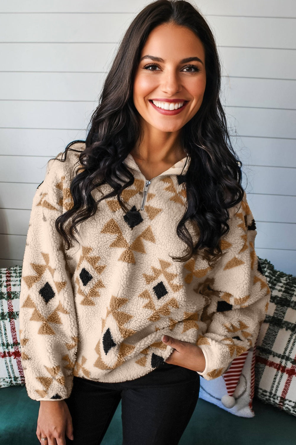Khaki Aztec Print Sherpa Quarter Zip Collar Sweatshirt-Tops/Sweatshirts & Hoodies-[Adult]-[Female]-2022 Online Blue Zone Planet