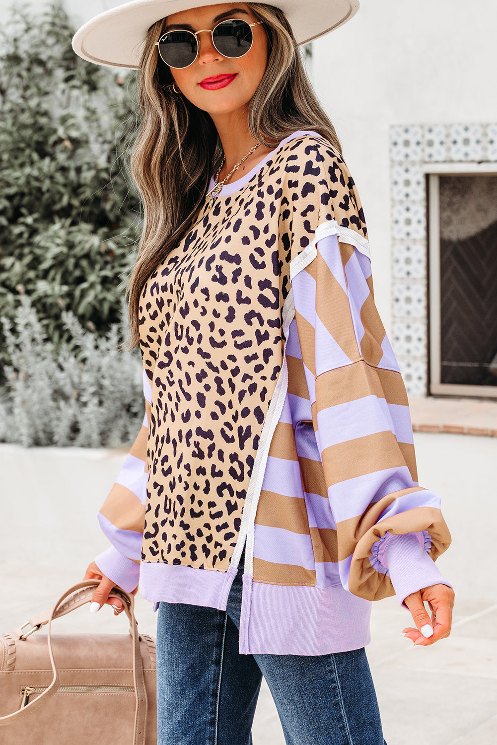 Purple Stripe Color Block Patchwork Leopard Casual Sweatshirt with Slits-Tops/Sweatshirts & Hoodies-[Adult]-[Female]-2022 Online Blue Zone Planet
